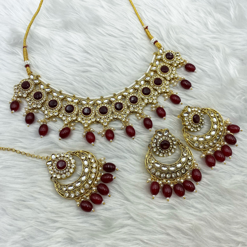 Sara Maroon Kundan Necklace Set - Gold  