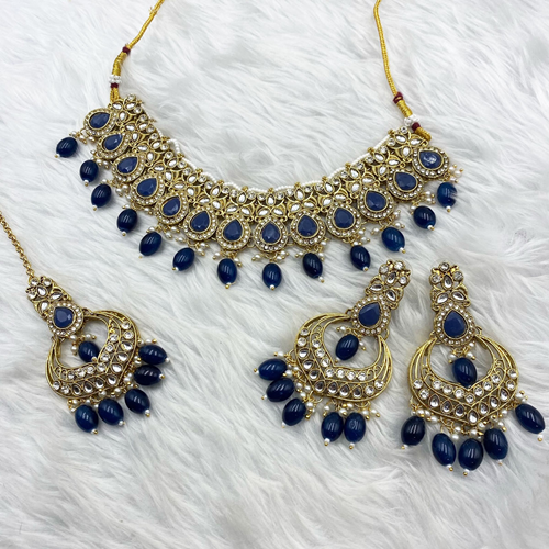 Akti Navy Blue Kundan Necklace Set - Gold