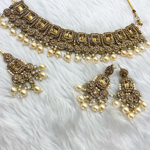 Veha Diamante Stone Necklace Set - Antique Gold