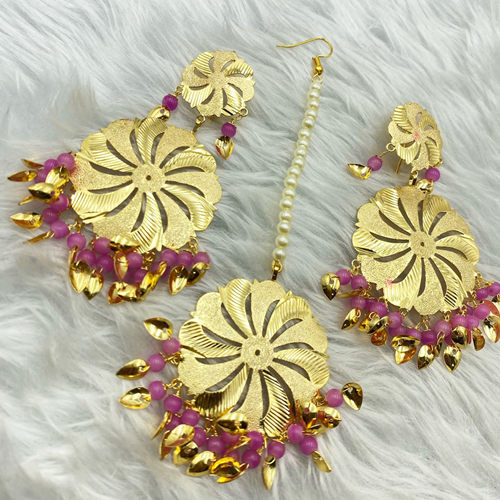 Bindya Pink Gold Earring Tikka Set - Gold