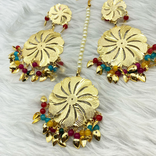 Bindya-Multicolour Gold Earring Tikka Set - Gold