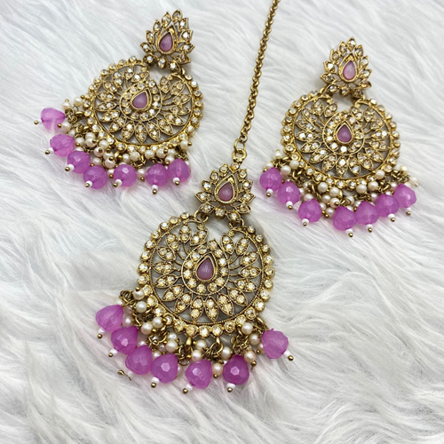 Dhra Lilac Diamante Earring Tikka Set - Antique Gold