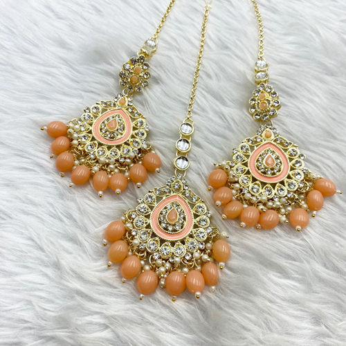 Tini -Peach White Diamante Earring Tikka Set - Light Gold