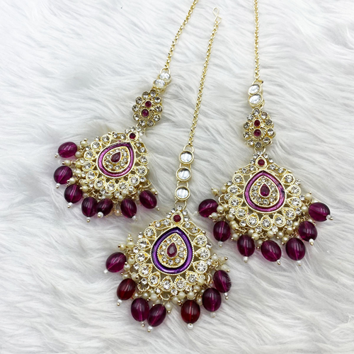 Tini -Purple White Diamante Earring Tikka Set - Light Gold