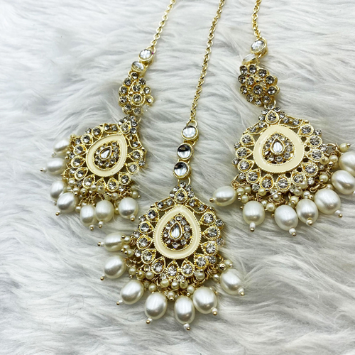 Tini - White Diamante Earring Tikka Set - Light Gold