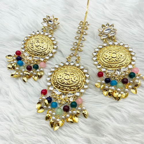 Giaa -White Kundan/ Multicolour Beads Earring Tikka Set - Gold