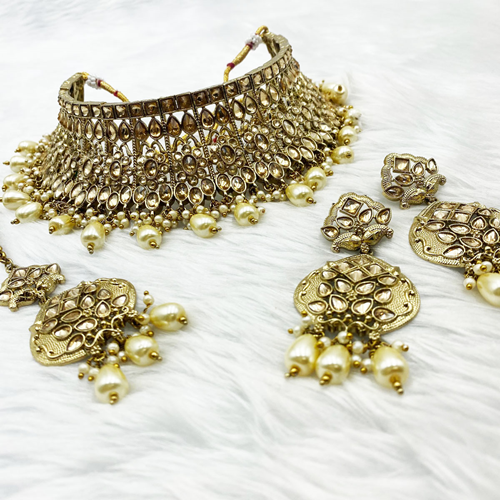 Mahak- Gold Polki Stone Choker Necklace Set -Antique Gold