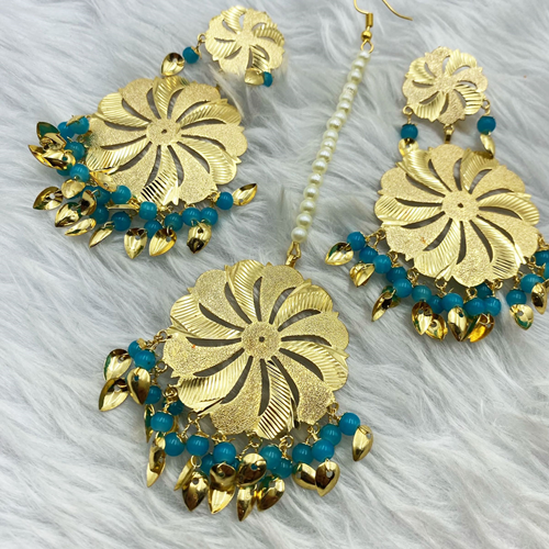 Bindya- Turquoise Gold Earring Tikka Set - Gold