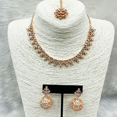 Divit White American Diamond Necklace Set - Rose Gold