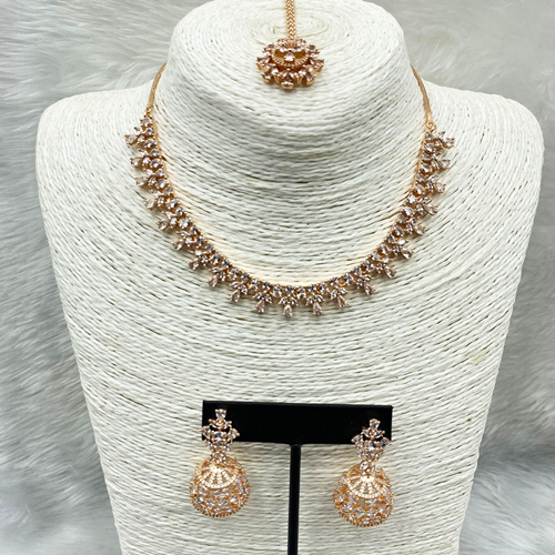 Ohas White American Diamond Necklace Set - Rose Gold