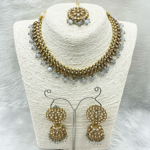 Amraya Gold Polki/Grey Beads Necklace Set - Antique Gold