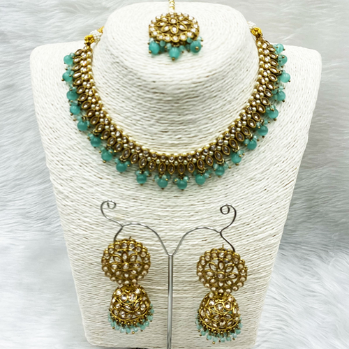 Amraya Gold Polki/Pista Beads Necklace Set - Antique Gold