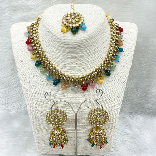 Amraya Gold Polki/Multicolour Beads Necklace Set - Antique Gold