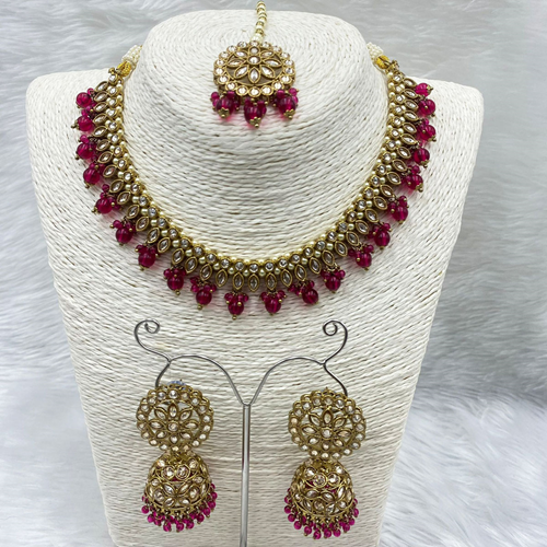 Amraya Gold Polki/Hot Pink Beads Necklace Set - Antique Gold