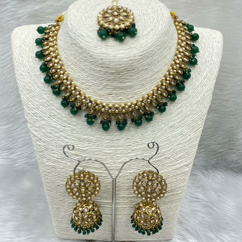 Amraya Gold Polki/Green Beads Necklace Set - Antique Gold