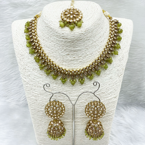 Amraya Gold Polki/Olive Beads Necklace Set - Antique Gold