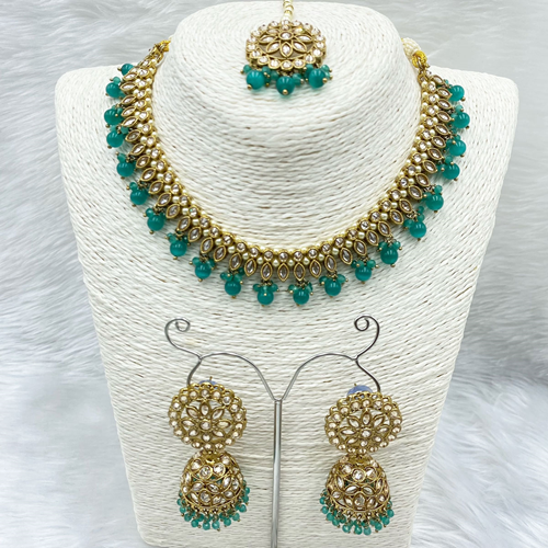 Amraya Gold Polki/Jade Beads Necklace Set - Antique Gold