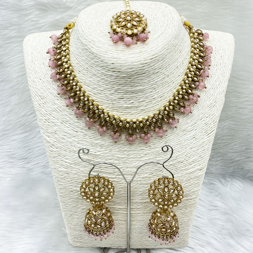 Amraya Gold Polki/Baby Pink Beads Necklace Set - Antique Gold