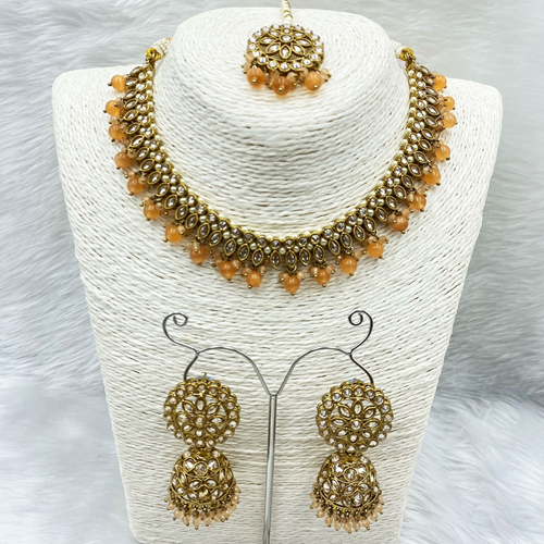 Amraya Gold Polki/Peach Beads Necklace Set - Antique Gold