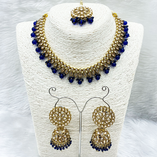 Amraya Gold Polki/Blue Beads Necklace Set - Antique Gold