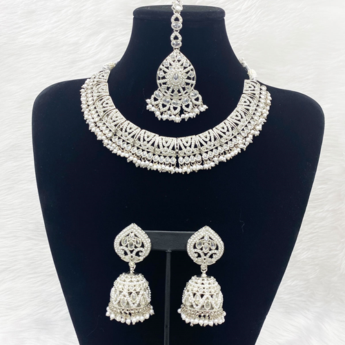 Chirag White Polki Stone Necklace Set - Silver