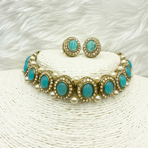 Eshti Turquoise Choker Necklace Set - Gold