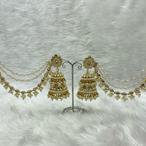 Eena -White Kundan Stone Jhumka- Light Gold