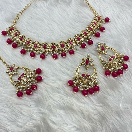 Avani Gold Pink Beads Necklace Set -Gold