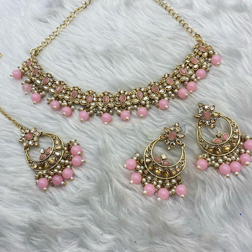 Avani Gold Polki/Baby Pink Beads Necklace Set -Gold