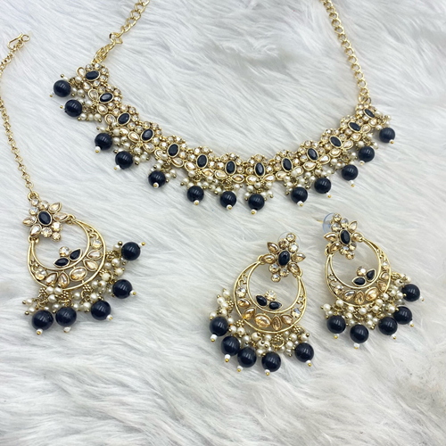 Avani Gold Polki/Navy Blue Beads Necklace Set -Gold