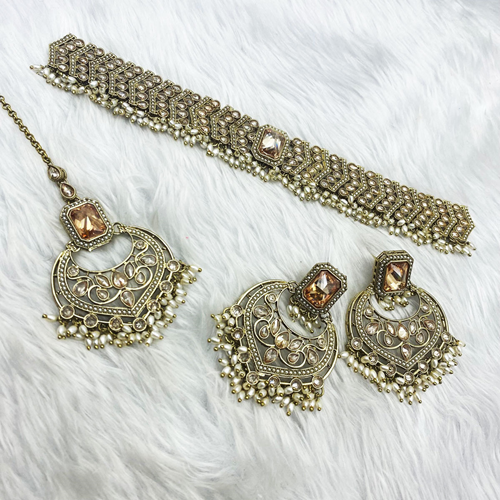 Mana Gold Polki Stone Choker Necklace Set - Antique Gold