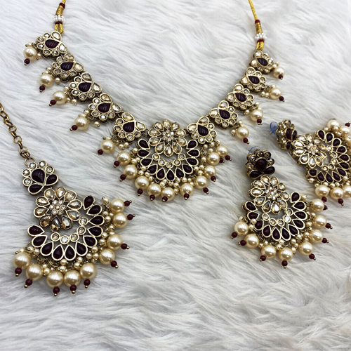 Vian Maroon Necklace Set - Antique Gold