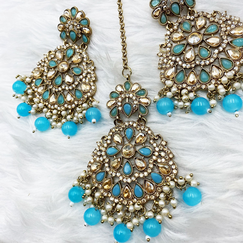 Saar Baby Blue Earring Tikka Set - Antique Gold