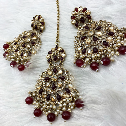 Saar Maroon Earring Tikka Set - Antique Gold