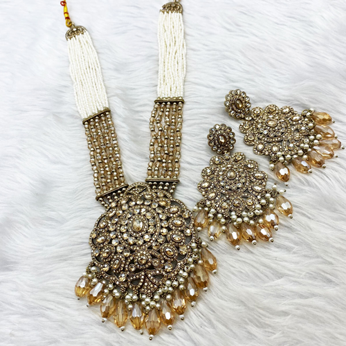 Gana Gold Stone Long Necklace Set - Antique Gold