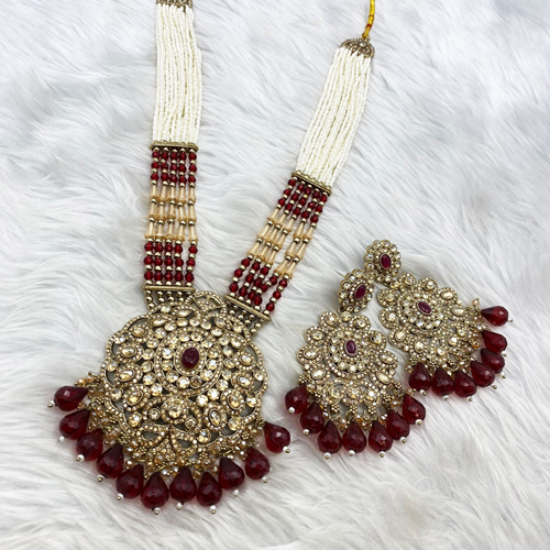 Gana Maroon Long Necklace Set - Antique Gold