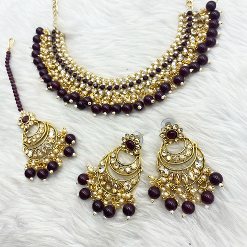 Tia Maroon Necklace Set - Gold