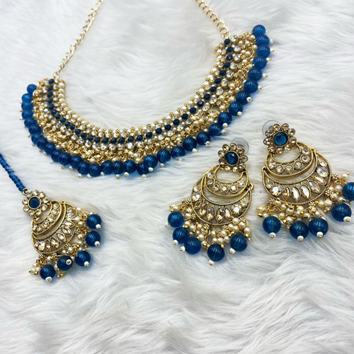 Tia Navy Blue Necklace Set - Gold