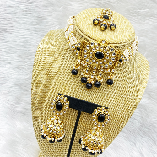 Ria Black Kundan Choker Necklace Set - Gold