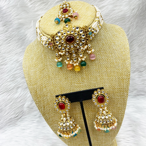 Ria Multicolour Kundan Choker Necklace Set - Gold