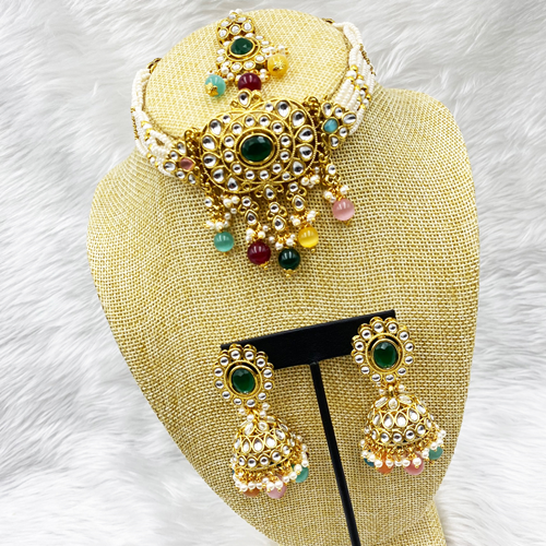 Ria Multicolour Kundan Choker Necklace Set - Gold