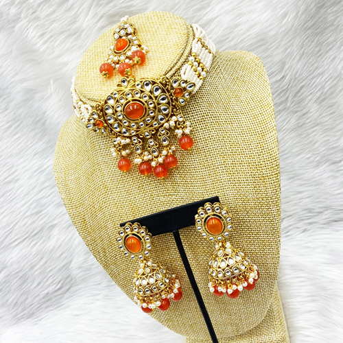 Ria Orange Kundan Choker Necklace Set - Gold