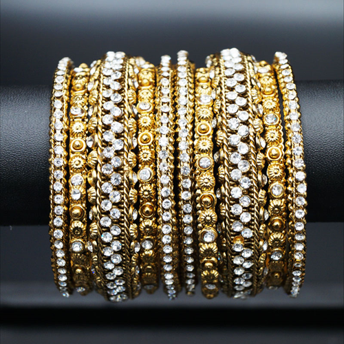 Dirja White Diamante Stone Bangle Set - Gold