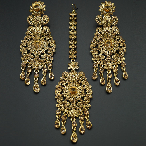 Nashi Gold Diamante Earring Tikka Set - Gold