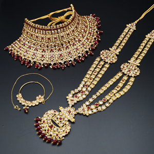 Meka Gold/Ruby Red Polki Stone Bridal Set - Antique Gold