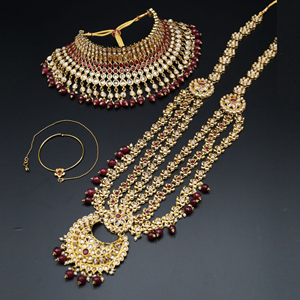 Nazo Gold/Ruby Red Polki Stone Bridal Set - Antique Gold