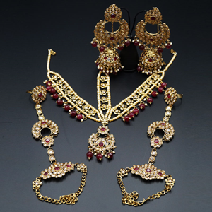 Nazo Gold/Ruby Red Polki Stone Bridal Set - Antique Gold