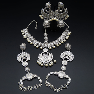 Tuya White Kundan Stone Bridal Set - Silver