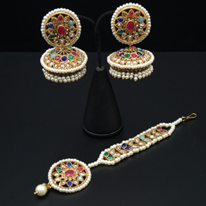 Roma - Multicolour Jhumka Earring Tikka Set - Antique Gold