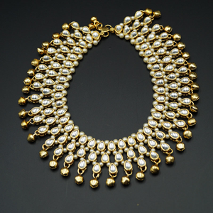 Ghusan- White Kundan/Pearls Payals -Gold